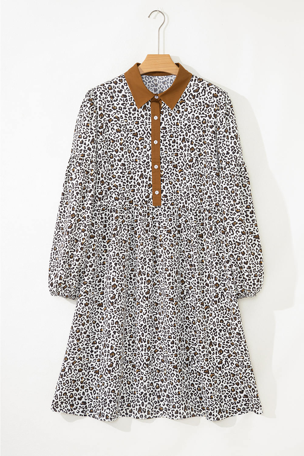 Plus Size Women's Button-Front Leopard Patchwork Mini Dress in Khaki – Casual A-Line Style for Fall Outings - Detail View 2 Plus Size Women's Button-Front Leopard Patchwork Mini Dress in Khaki – Casual A-Line Style for Fall Outings - Detail View 2