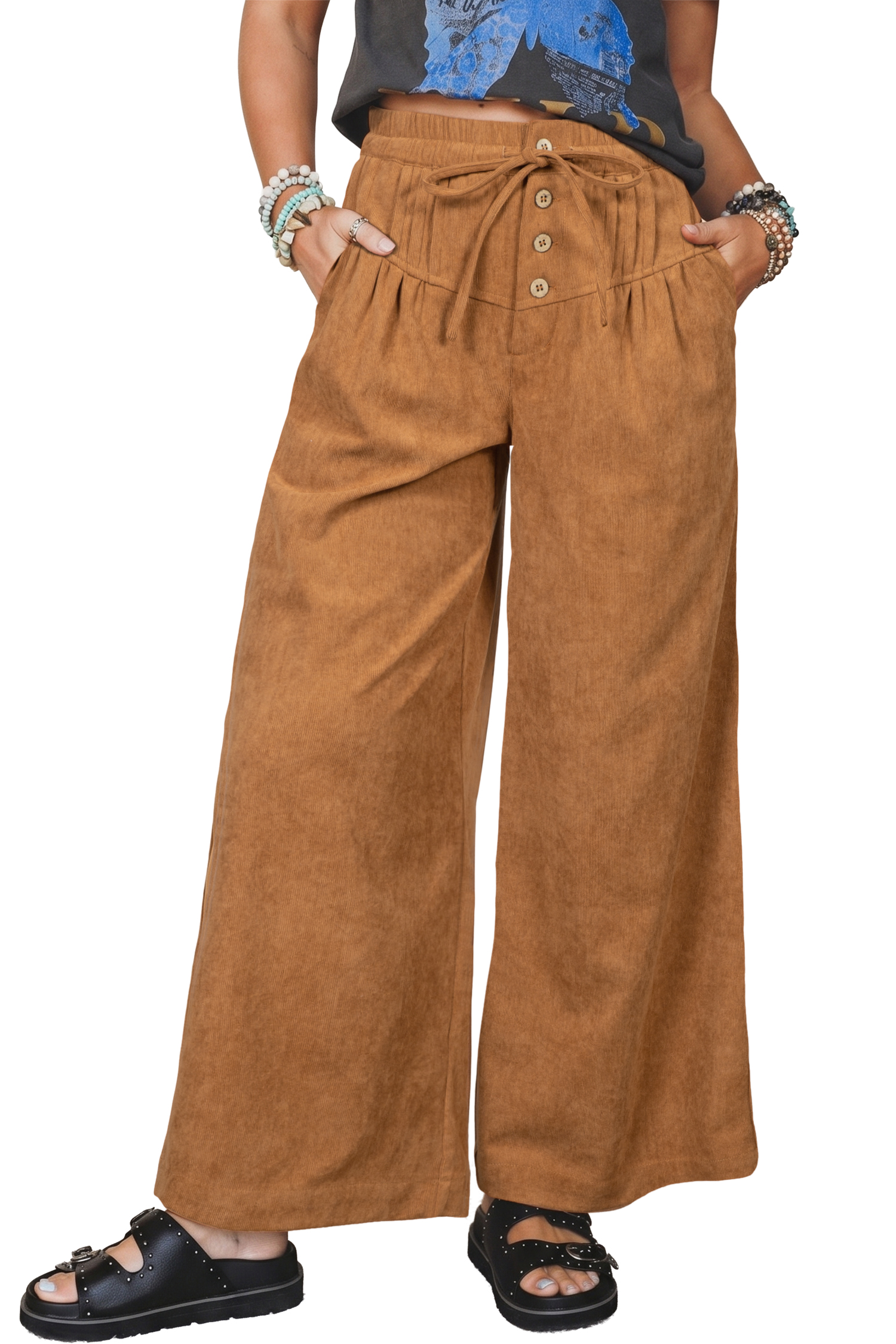 Women's Corduroy Wide Leg Pants, High Waisted Casual Trousers - Main View Women's Corduroy Wide Leg Pants, High Waisted Casual Trousers - Main View