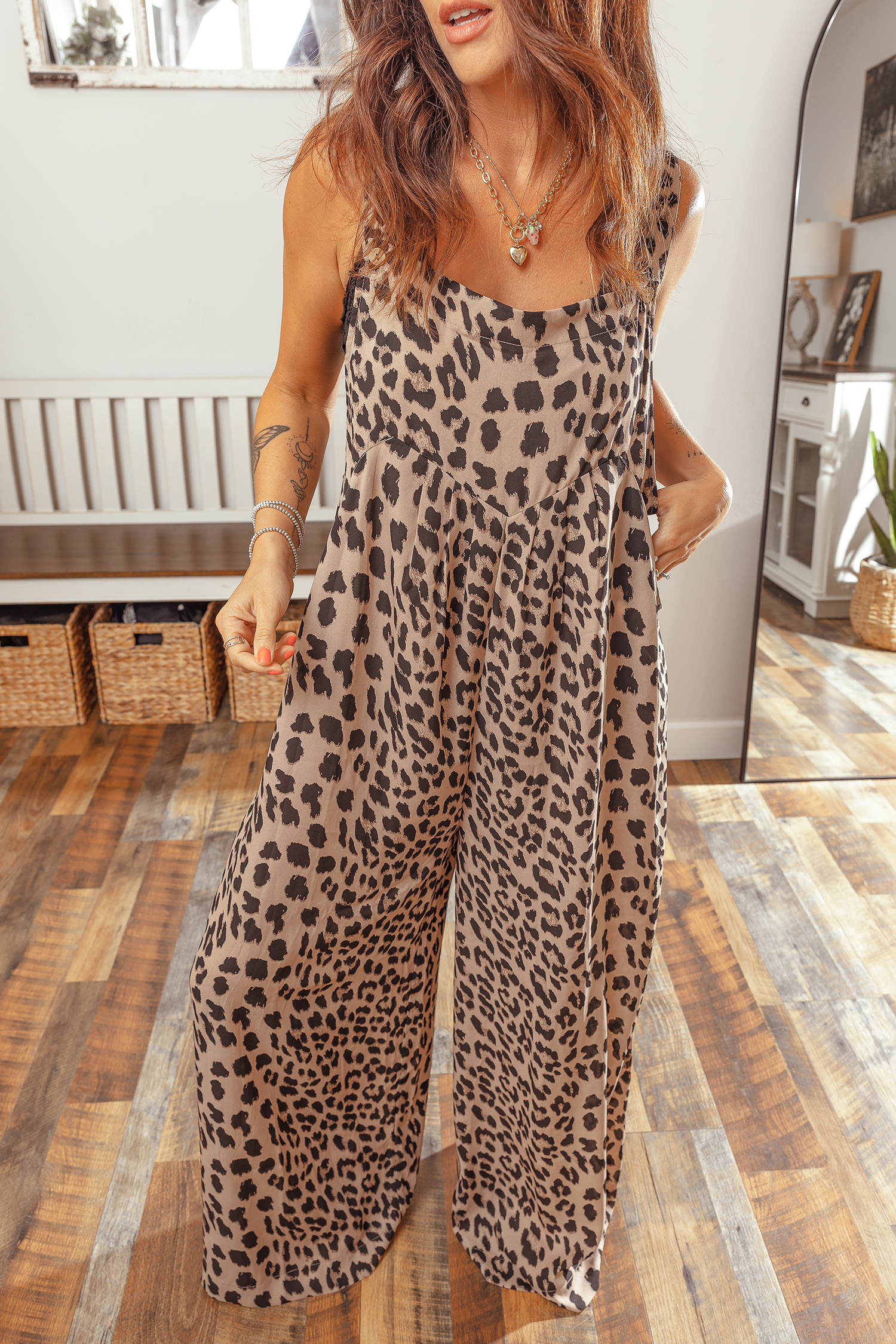 Women's Khaki Leopard Jumpsuit - Western Style Summer Gift - Detail View 6 Women's Khaki Leopard Jumpsuit - Western Style Summer Gift - Detail View 6