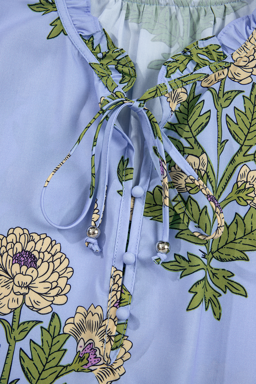 Women's Blouse, Sky Blue, Floral Print, Long Puff Sleeve, Tie Neck, V Neck, Casual Style, Daily Wear, Spring Fashion, Elegant Top, Fit and Flare Silhouette, Comfortable, Decorative Details - Detail View 8 Women's Blouse, Sky Blue, Floral Print, Long Puff Sleeve, Tie Neck, V Neck, Casual Style, Daily Wear, Spring Fashion, Elegant Top, Fit and Flare Silhouette, Comfortable, Decorative Details - Detail View 8