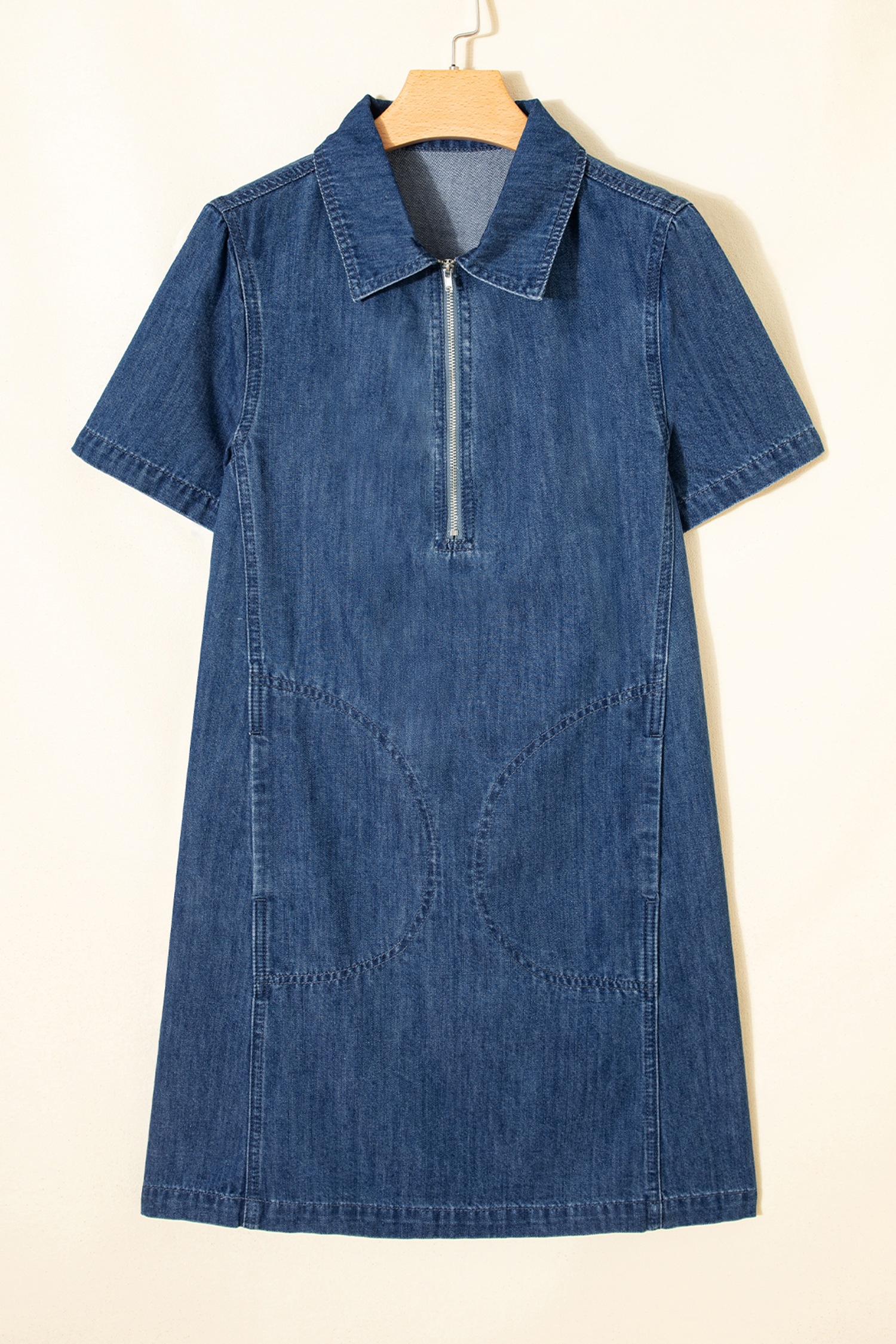 Stylish Blue Zip-Up Denim Mini Dress for Women – Short Sleeve Shift Design for Daily Outings - Detail View 5 Stylish Blue Zip-Up Denim Mini Dress for Women – Short Sleeve Shift Design for Daily Outings - Detail View 5