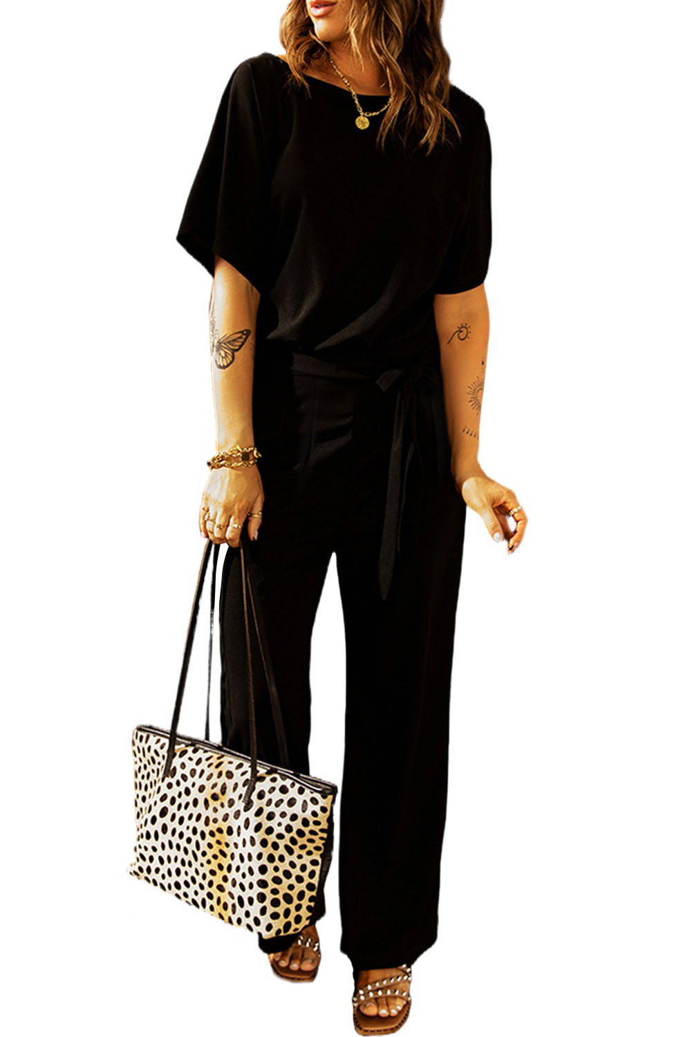 Women's Jumpsuit, Black, Dolman Sleeve, Belted, Straight Leg, Casual, Daily Wear, Summer Fashion, Solid Color, Comfortable, High Waist, Round Neck, Stylish Outfit, Versatile Wardrobe Essential - Detail View 12 Women's Jumpsuit, Black, Dolman Sleeve, Belted, Straight Leg, Casual, Daily Wear, Summer Fashion, Solid Color, Comfortable, High Waist, Round Neck, Stylish Outfit, Versatile Wardrobe Essential - Detail View 12