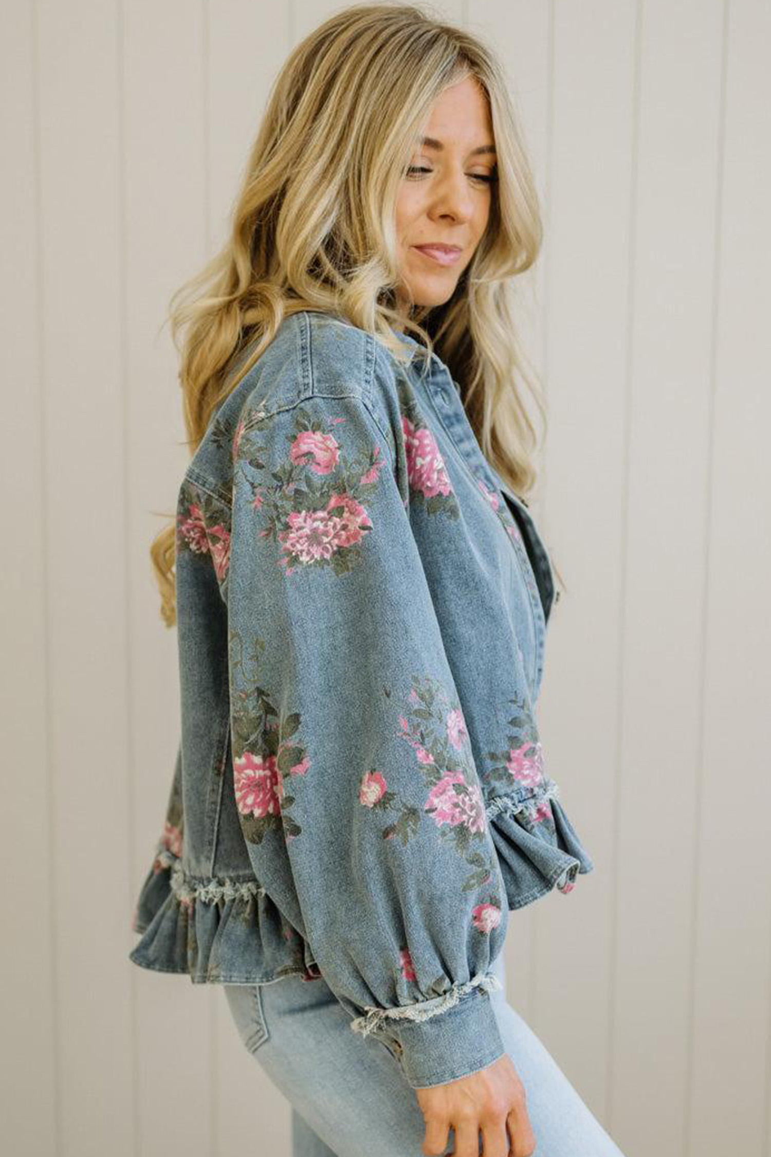 Sky Blue Floral Jean Jacket, Button Down Raw Seam Outwear - Detail View 8 Sky Blue Floral Jean Jacket, Button Down Raw Seam Outwear - Detail View 8