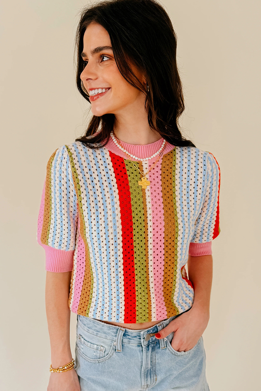 Southern Belle Multicolour Striped Knit Top for Women's Summer Outings - Detail View 3 Southern Belle Multicolour Striped Knit Top for Women's Summer Outings - Detail View 3