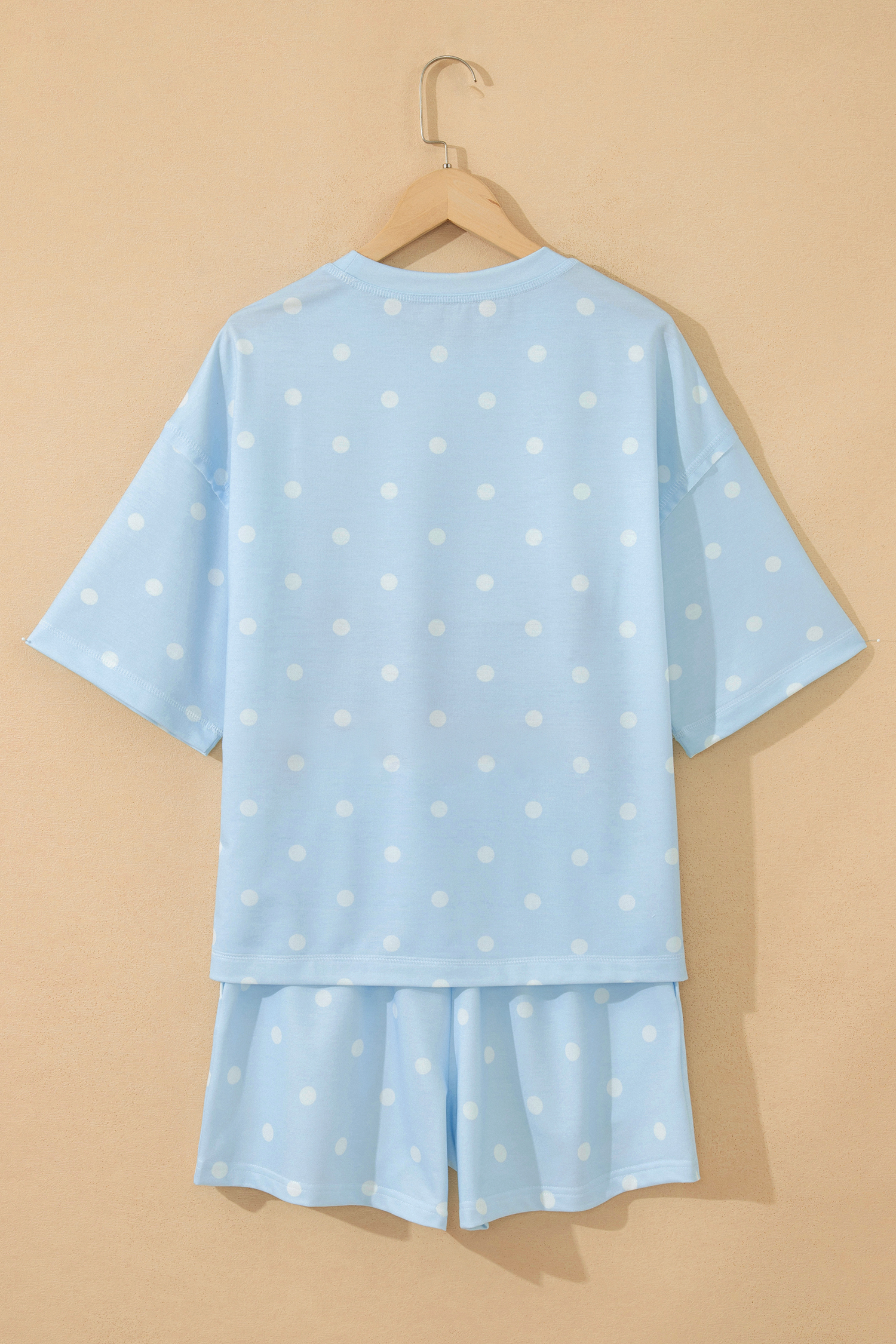 Casual Women's Two-Piece Polka Dot Outfit – Sky Blue Short Sleeve Tee and Adjustable Shorts for Summer - Detail View 5 Casual Women's Two-Piece Polka Dot Outfit – Sky Blue Short Sleeve Tee and Adjustable Shorts for Summer - Detail View 5