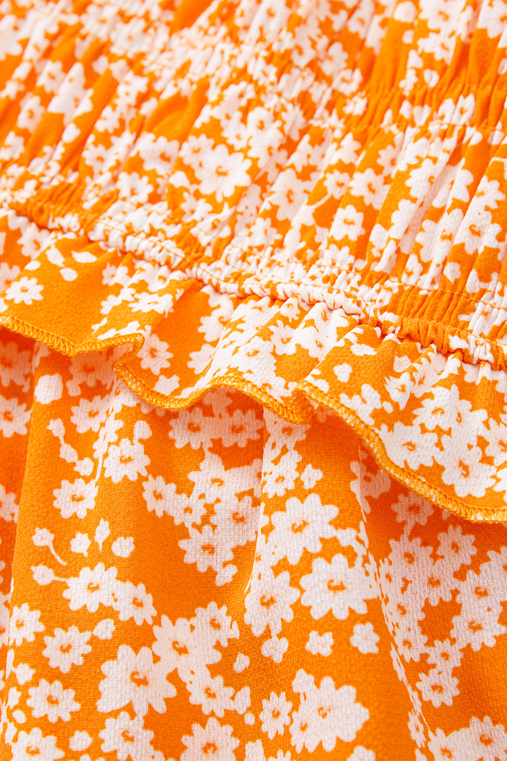 Women's Orange Floral Print Smocked V Neck Wide Sleeve Maxi Dress for Summer - Detail View 13 Women's Orange Floral Print Smocked V Neck Wide Sleeve Maxi Dress for Summer - Detail View 13
