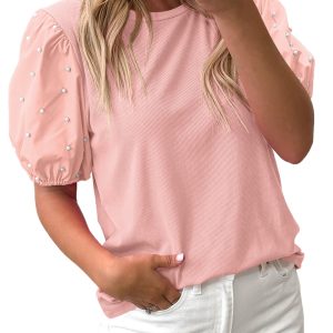 Women's Light Pink Ribbed Pearl Puff Sleeve Top Summer Blouse - Main View