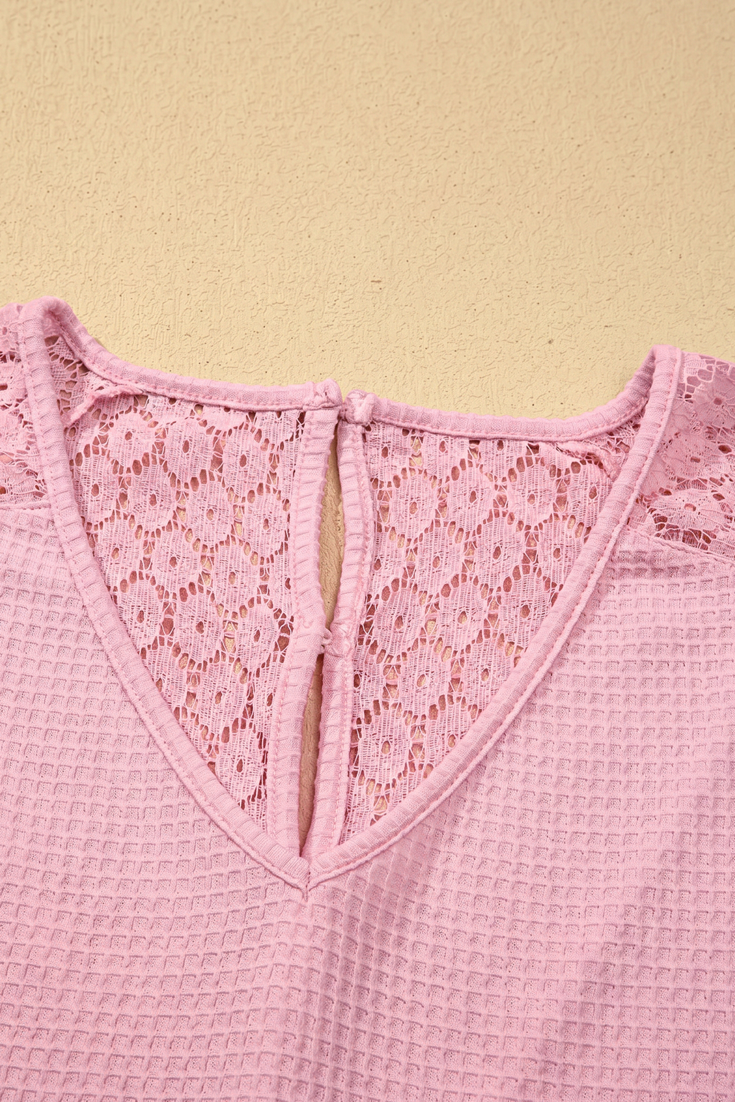 Women's Pink Waffle Knit Blouse – Lace Trim V-Neck Top - Detail View 7 Women's Pink Waffle Knit Blouse – Lace Trim V-Neck Top - Detail View 7