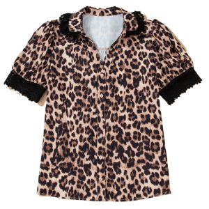 Women's Brown Leopard Print Short Sleeve Shirt with Lace Trim – Casual Summer Essential - Main View