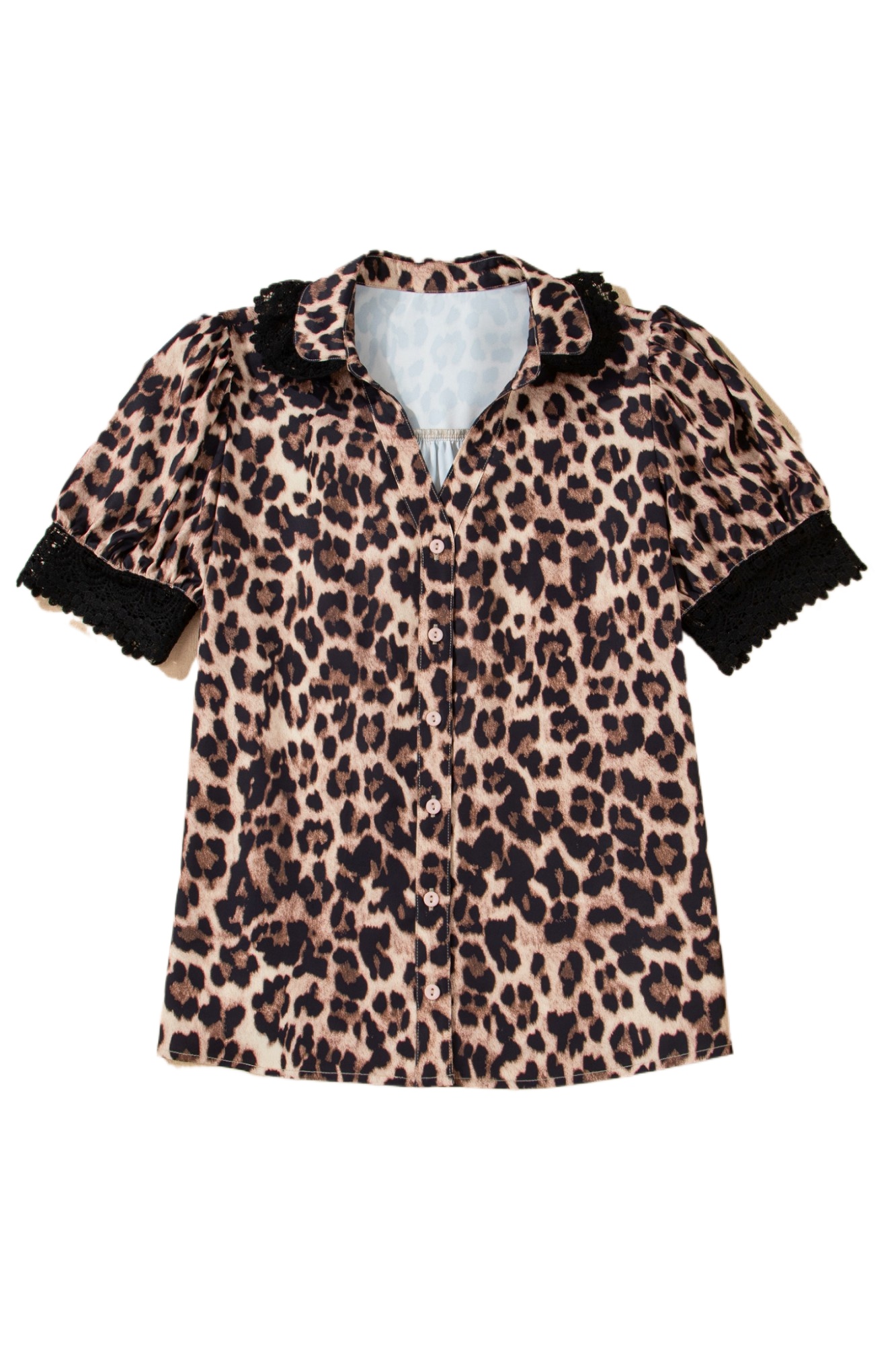 Women's Brown Leopard Print Short Sleeve Shirt with Lace Trim – Casual Summer Essential - Main View Women's Brown Leopard Print Short Sleeve Shirt with Lace Trim – Casual Summer Essential - Main View