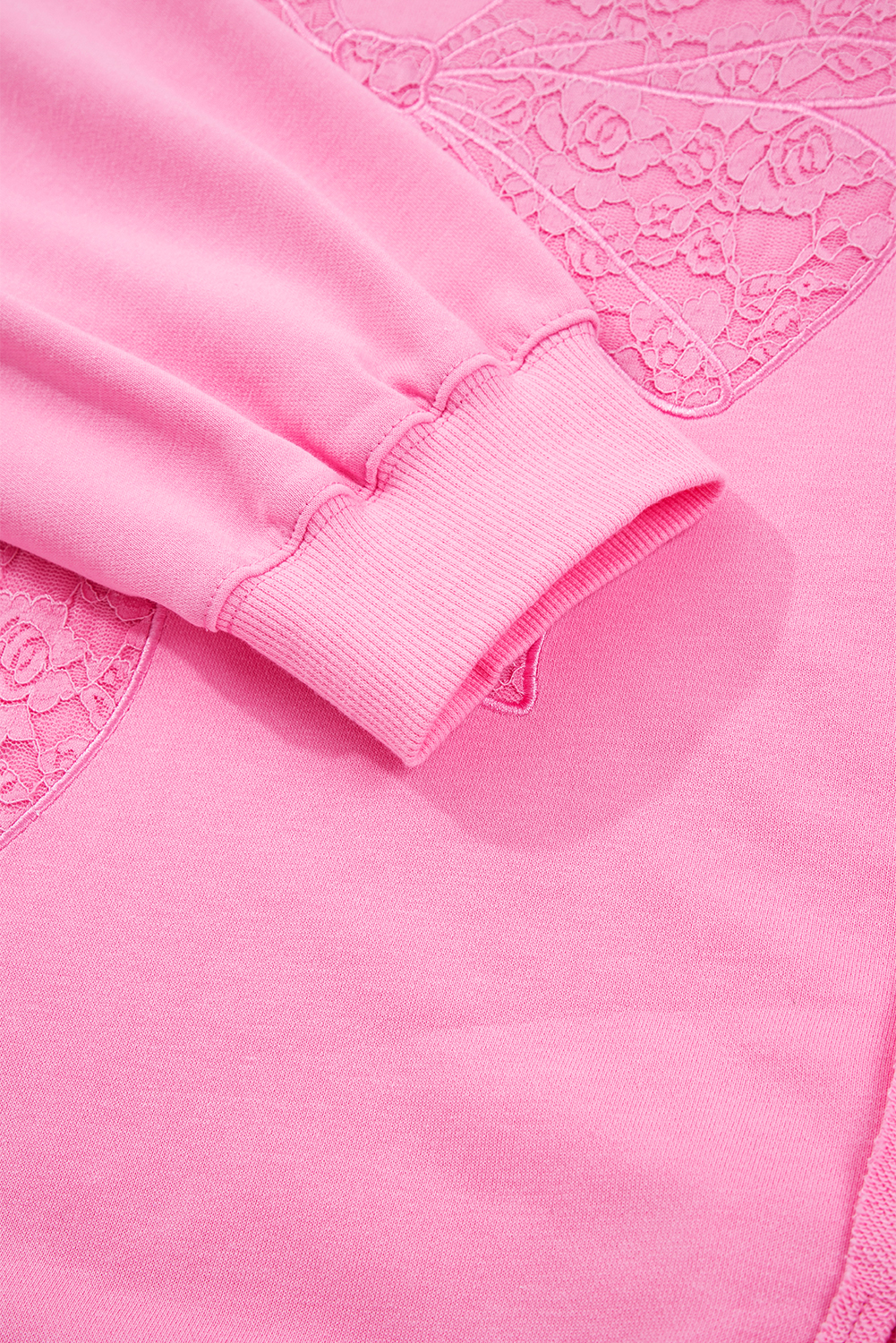 Plus Size Pink Big Bow Lace Embroidered Dolman Sleeve Sweatshirt for Women - Detail View 9 Plus Size Pink Big Bow Lace Embroidered Dolman Sleeve Sweatshirt for Women - Detail View 9
