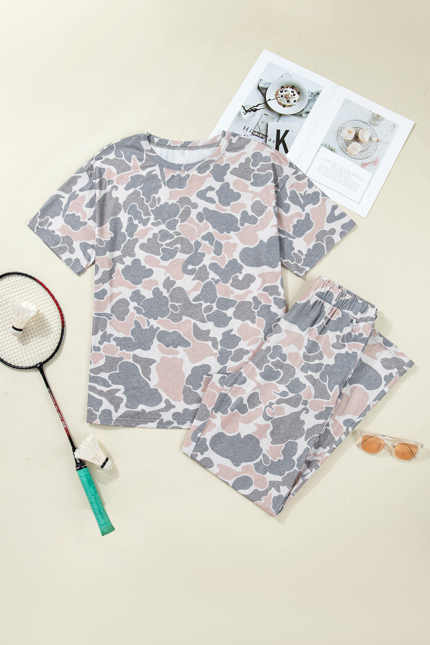 Chic Camouflage Print Women's Matching Set – Wide Leg High Waist Pants and Casual Short Sleeve Top - Detail View 3 Chic Camouflage Print Women's Matching Set – Wide Leg High Waist Pants and Casual Short Sleeve Top - Detail View 3