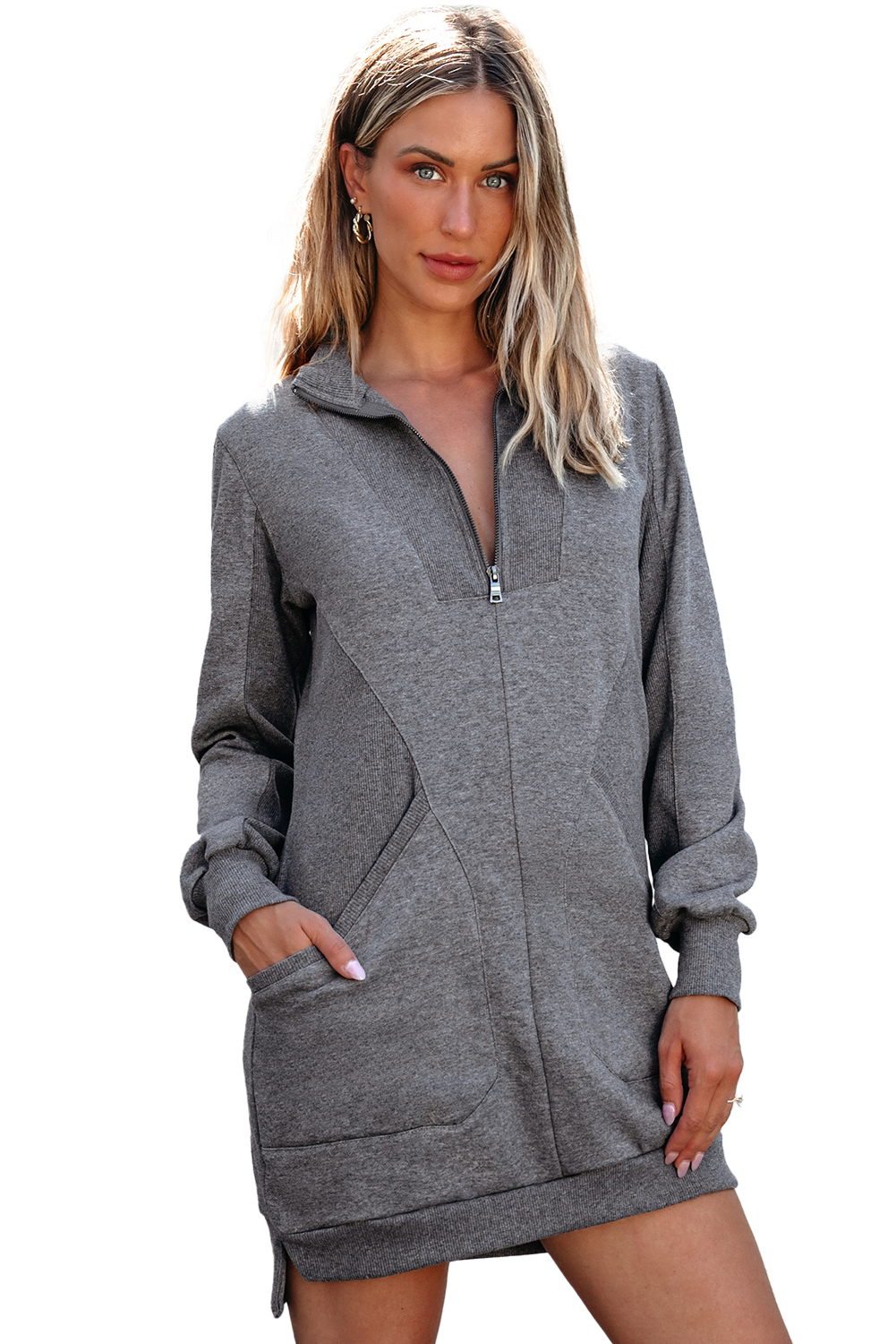 Women's Dark Grey Zip-Up Sweatshirt Dress with Pockets – Casual Fall Layering - Detail View 25 Women's Dark Grey Zip-Up Sweatshirt Dress with Pockets – Casual Fall Layering - Detail View 25