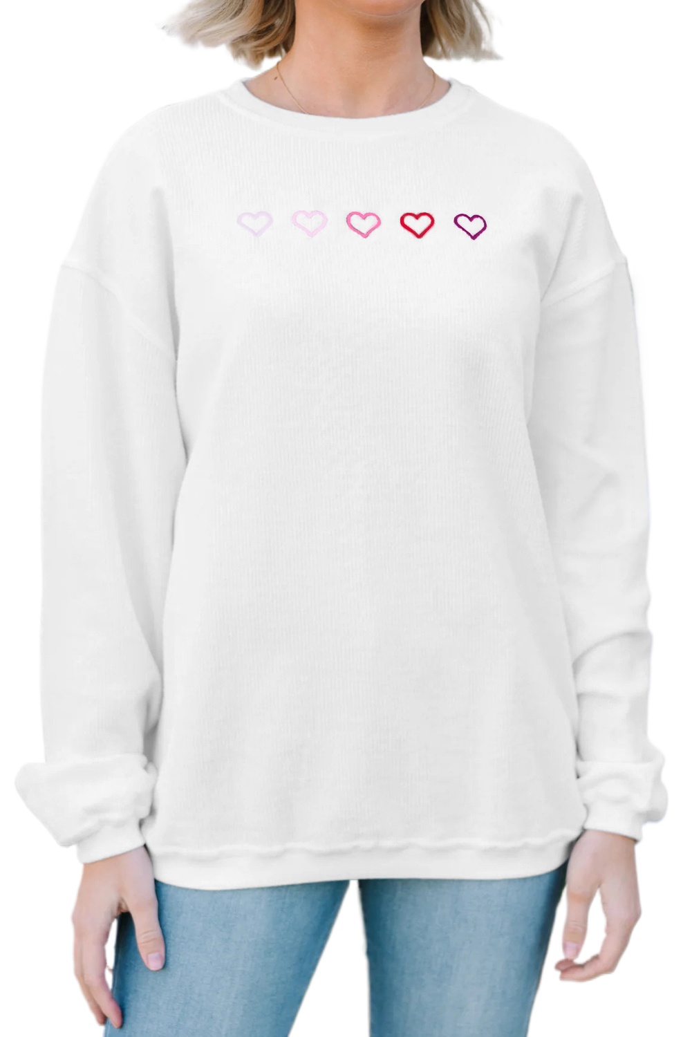 Women's White 3D Ribbed XOXO Heart Embroidered Drop Shoulder Sweatshirt for Casual Days - Main View Women's White 3D Ribbed XOXO Heart Embroidered Drop Shoulder Sweatshirt for Casual Days - Main View