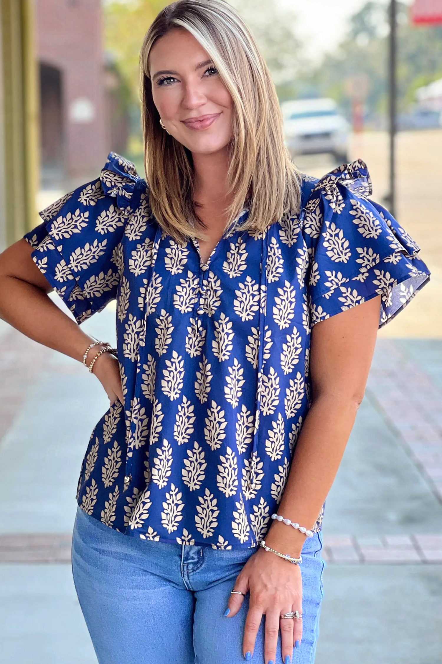 Southern Belle Style Plus Size Blouse – Blue Botanical Print V Neck Short Sleeve Top, Daily Summer Casual - Detail View 6 Southern Belle Style Plus Size Blouse – Blue Botanical Print V Neck Short Sleeve Top, Daily Summer Casual - Detail View 6
