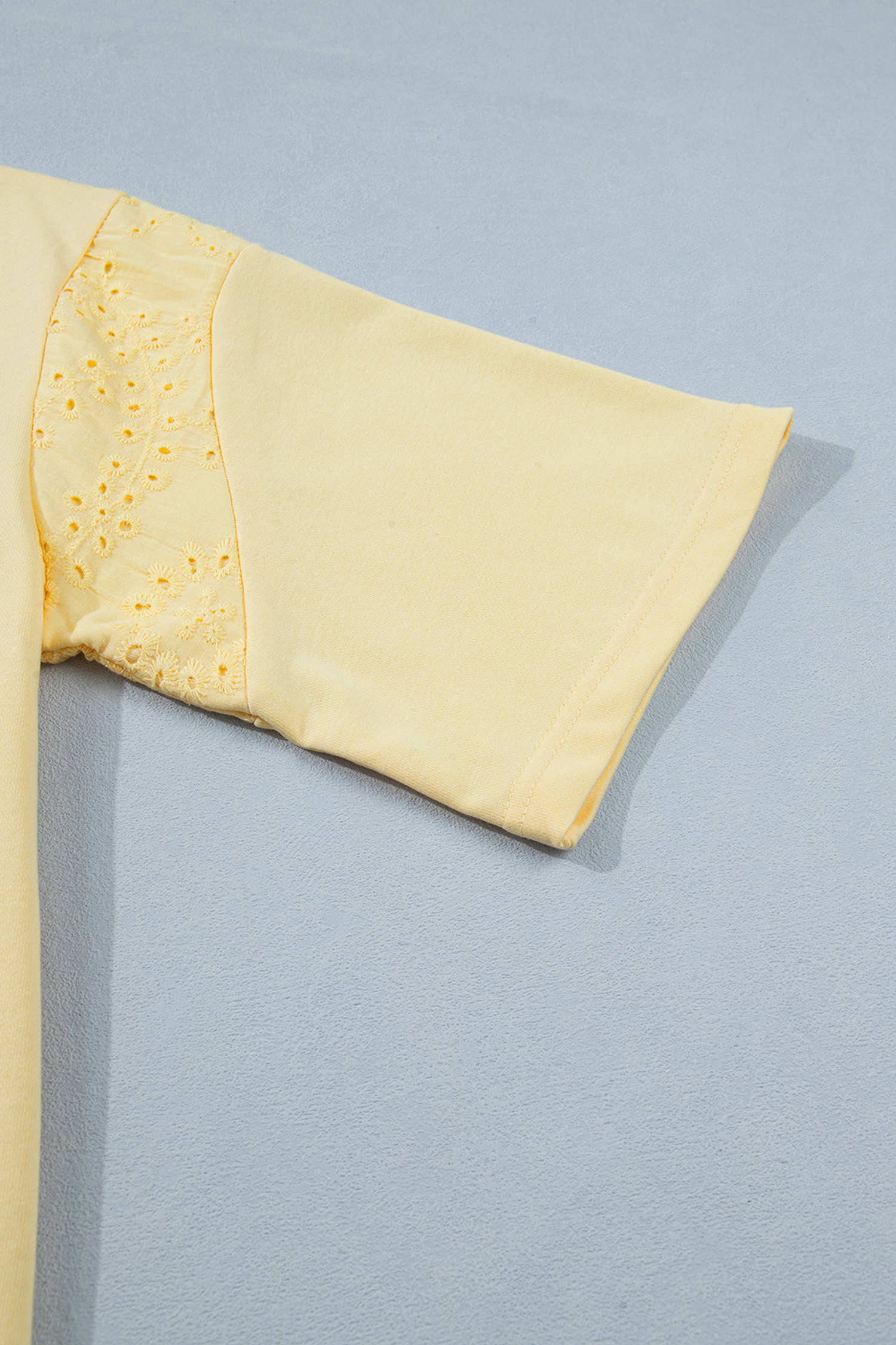 Women's Vanilla Yellow Two Piece Set – Half Sleeve Lace Top and High Waist Wide Leg Pants - Detail View 7 Women's Vanilla Yellow Two Piece Set – Half Sleeve Lace Top and High Waist Wide Leg Pants - Detail View 7