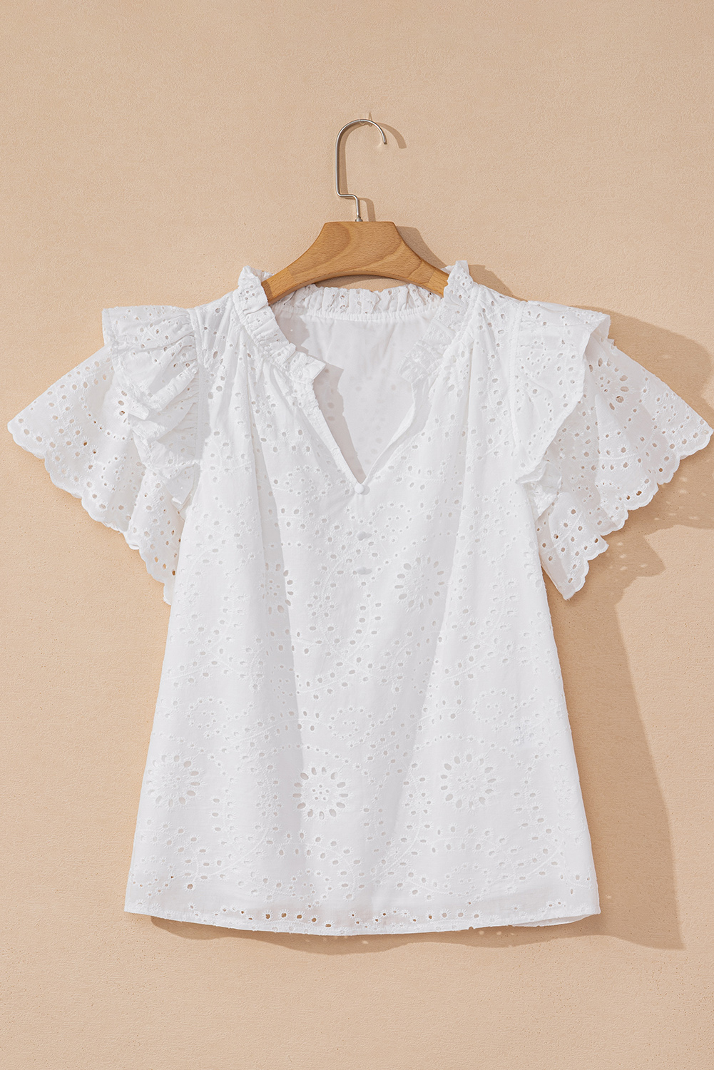 Women's White Broderie Anglaise Ruffle Short Sleeve Blouse - Perfect for Summer - Detail View 9 Women's White Broderie Anglaise Ruffle Short Sleeve Blouse - Perfect for Summer - Detail View 9
