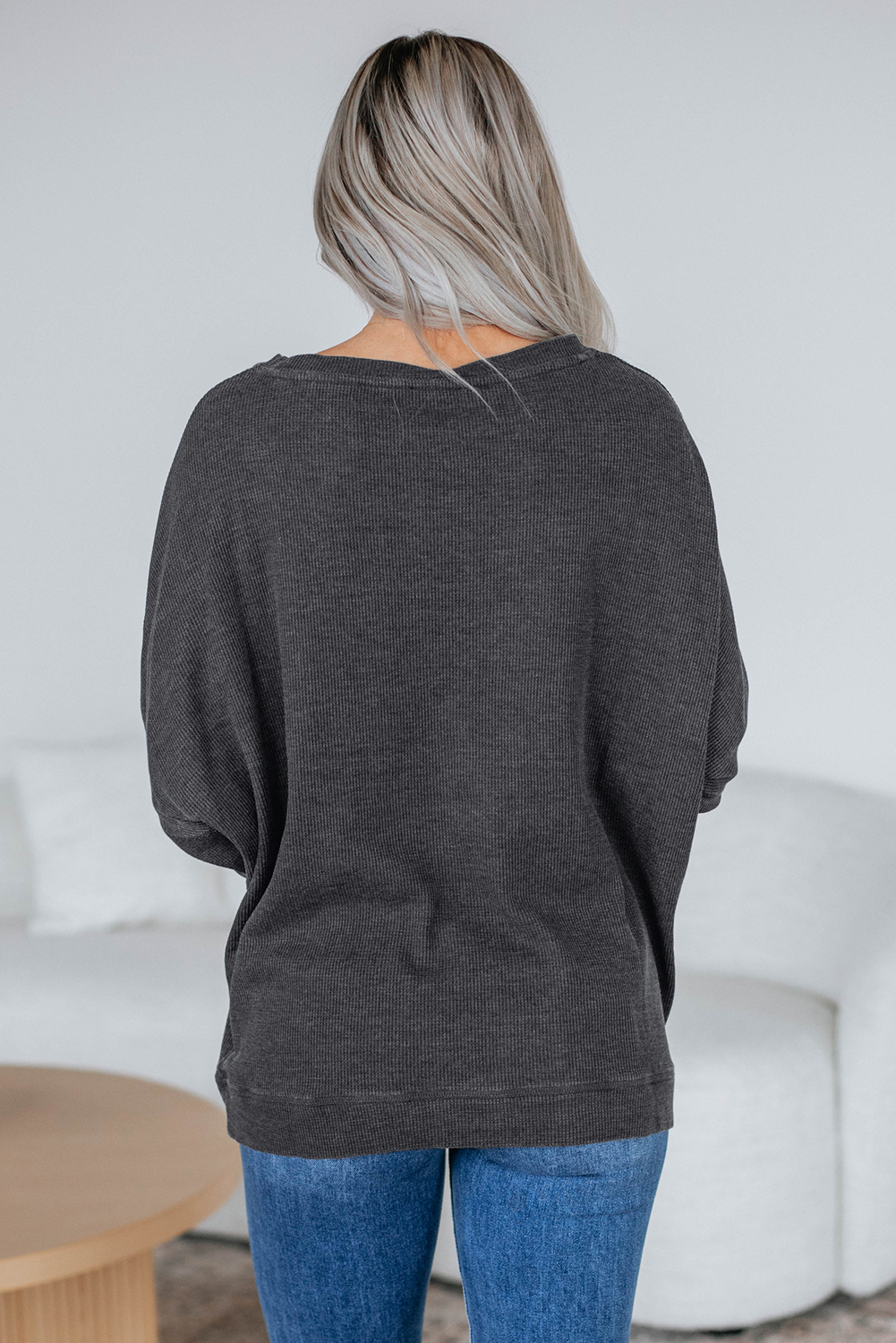 Chic Dark Grey Waffle Knit Loose Top for Women – Versatile Long Sleeve Style for Daily Wear - Detail View 2 Chic Dark Grey Waffle Knit Loose Top for Women – Versatile Long Sleeve Style for Daily Wear - Detail View 2