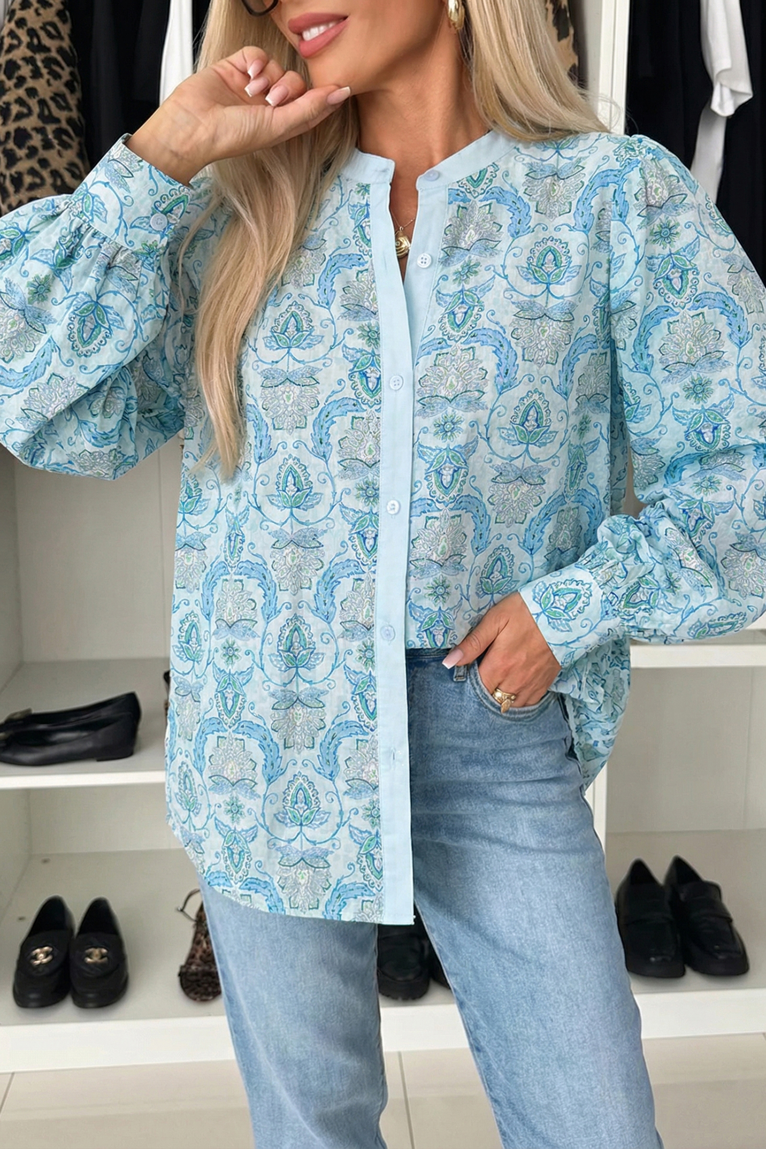Chic Sky Blue Paisley Puff Sleeve Shirt for Women – Effortless Spring Style for Casual Outings - Detail View 6 Chic Sky Blue Paisley Puff Sleeve Shirt for Women – Effortless Spring Style for Casual Outings - Detail View 6