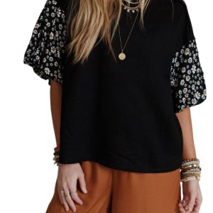 Women's Black Contrast Floral Puff Sleeve Oversized Top - Effortlessly Chic - Main View