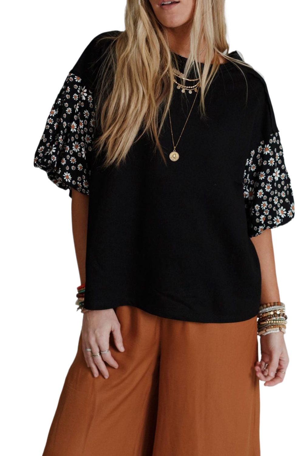 Women's Black Contrast Floral Puff Sleeve Oversized Top - Effortlessly Chic - Main View Women's Black Contrast Floral Puff Sleeve Oversized Top - Effortlessly Chic - Main View