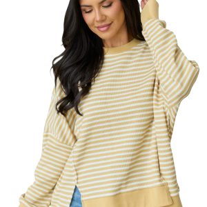 Women's Casual Stripe Top, Relaxed Split Hem Pullover - Main View