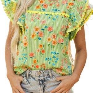 Women's Green Stripe Floral Blouse – Short Sleeve Ruffle Top with Scalloped Rick Rack Trim - Main View