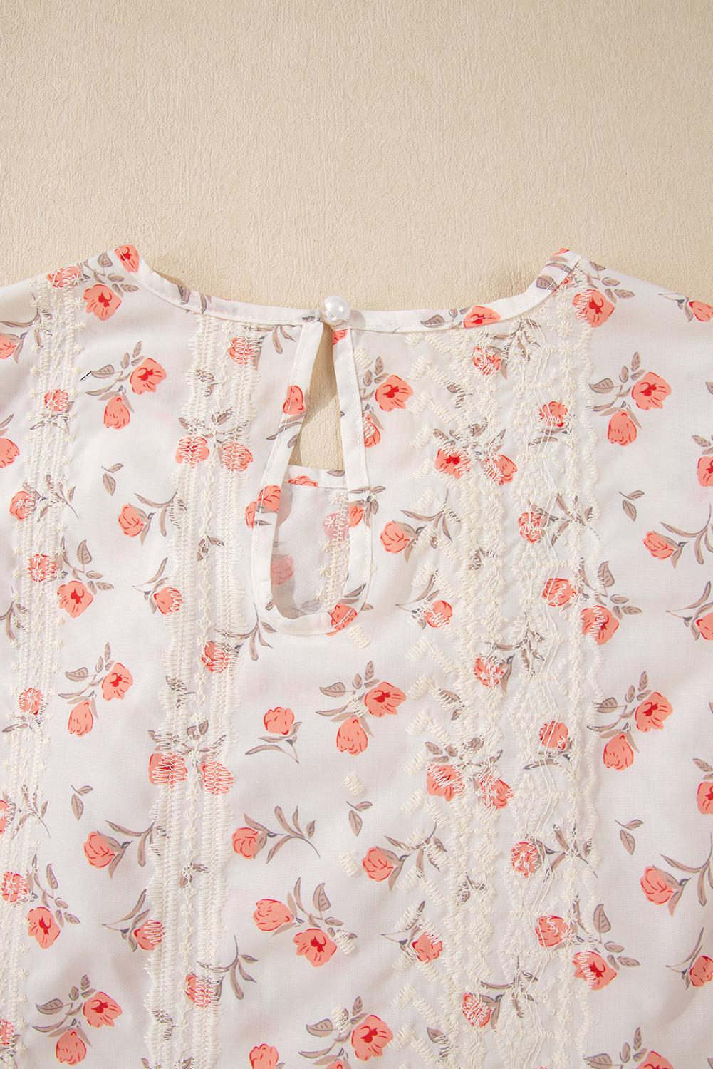 Women's Pink Floral Print Crochet Cap Sleeve Blouse with Embroidery Detail - Detail View 9 Women's Pink Floral Print Crochet Cap Sleeve Blouse with Embroidery Detail - Detail View 9