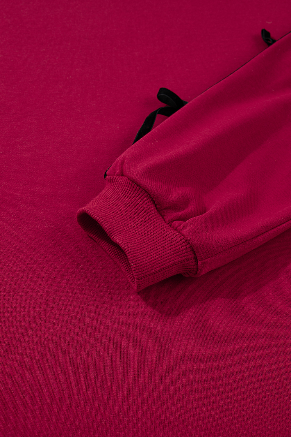Women's Racing Red Striped Sweatshirt Dress with Bow and Pockets - Detail View 13 Women's Racing Red Striped Sweatshirt Dress with Bow and Pockets - Detail View 13