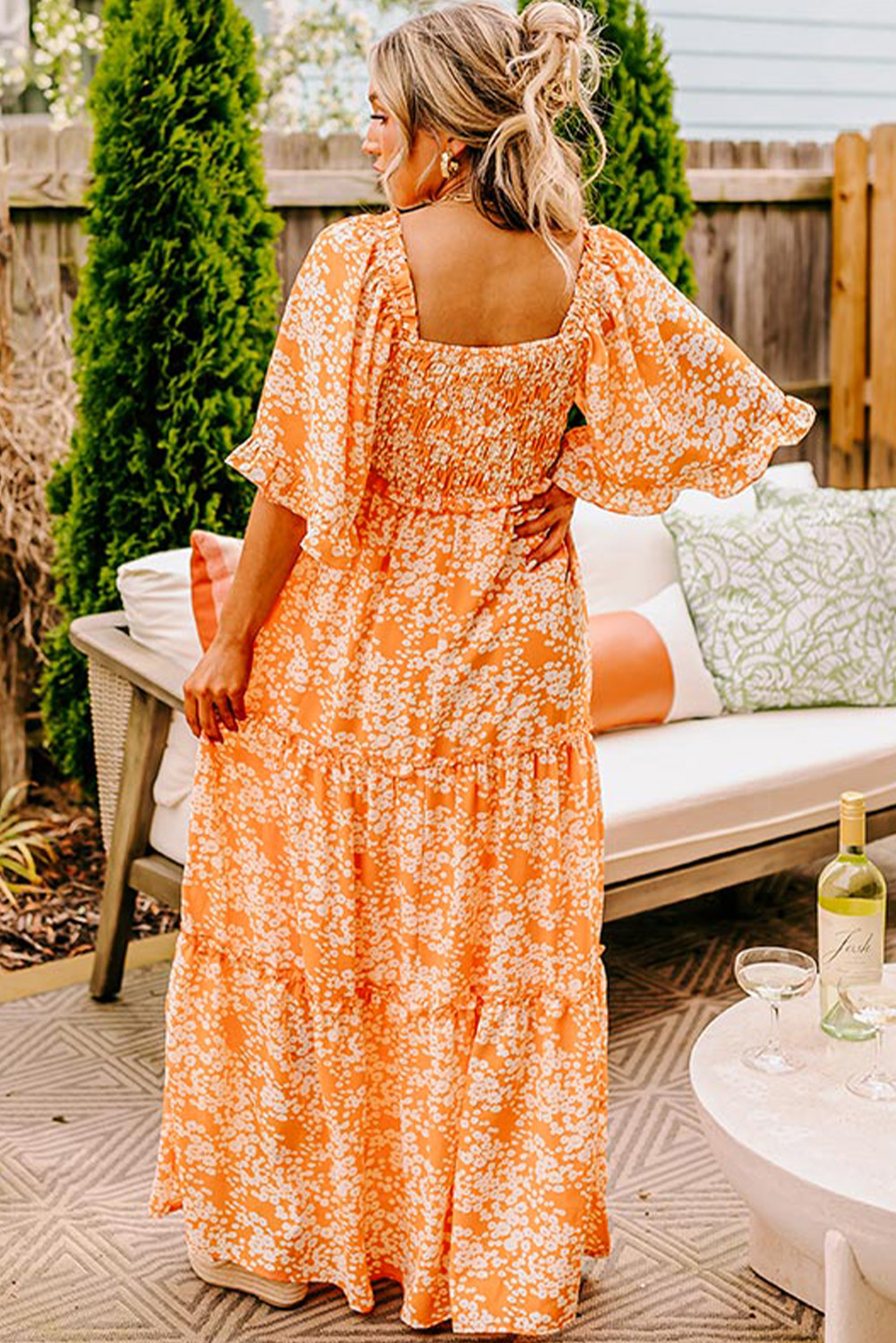 Elegant Bohemian Style Floral Maxi Dress with Smocked V Neck and Wide Sleeves - Detail View 2 Elegant Bohemian Style Floral Maxi Dress with Smocked V Neck and Wide Sleeves - Detail View 2