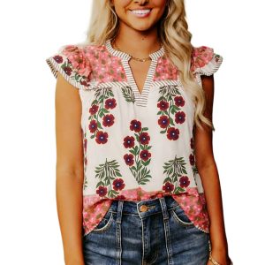 Women's Floral Cotton Blouse – V-Neck Flutter Sleeve Top with Striped Trim, Southern Belle Style - Main View