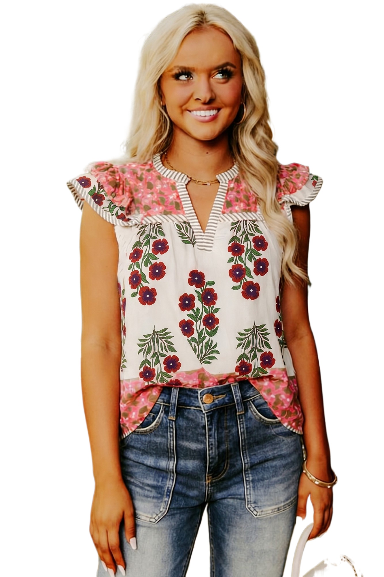 Women's Floral Cotton Blouse – V-Neck Flutter Sleeve Top with Striped Trim, Southern Belle Style - Main View Women's Floral Cotton Blouse – V-Neck Flutter Sleeve Top with Striped Trim, Southern Belle Style - Main View