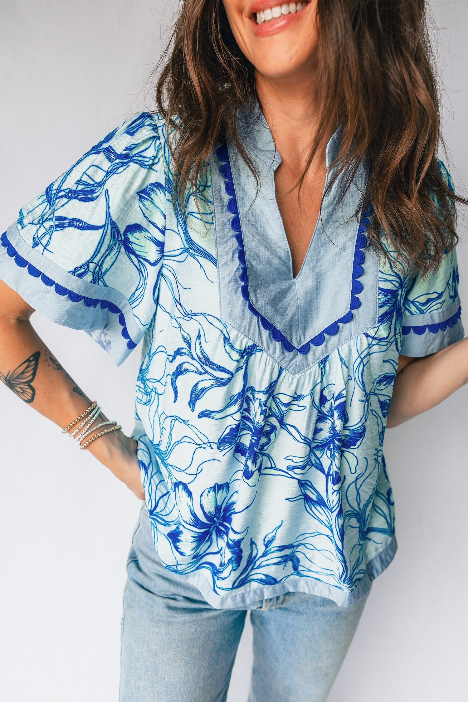 Summer-Ready Women's Floral Blouse – Sky Blue Short Sleeve with Ricrac Trim for Effortless Style - Detail View 3 Summer-Ready Women's Floral Blouse – Sky Blue Short Sleeve with Ricrac Trim for Effortless Style - Detail View 3