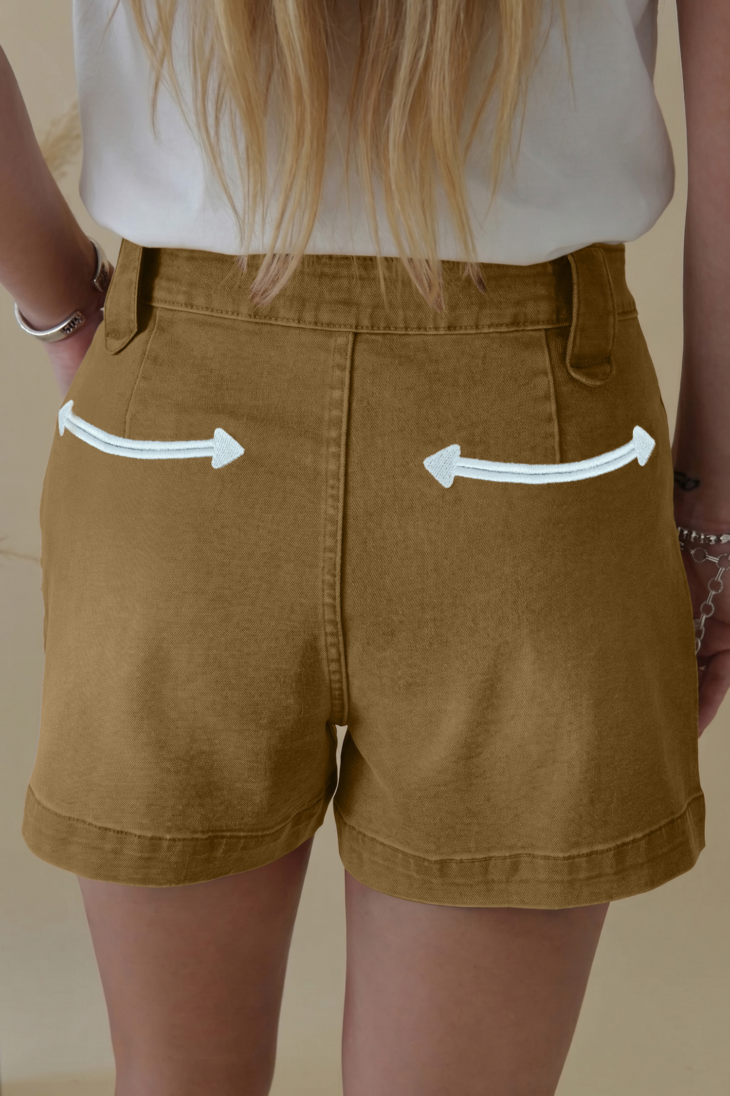Western Denim Shorts, Khaki Arrow Detail For Women - Detail View 5 Western Denim Shorts, Khaki Arrow Detail For Women - Detail View 5