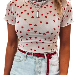 Women's Red Heart Print Mesh Top – Short Sleeve Casual Style for Daily Outings - Main View