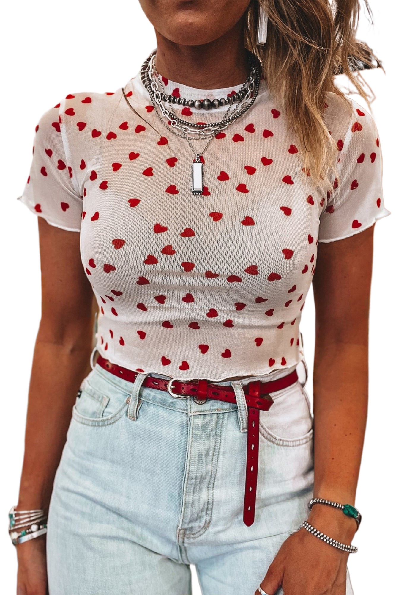 Women's Red Heart Print Mesh Top – Short Sleeve Casual Style for Daily Outings - Main View Women's Red Heart Print Mesh Top – Short Sleeve Casual Style for Daily Outings - Main View