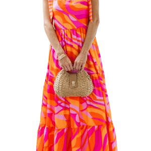Women's Red Abstract Print Knotted Shoulder High Waist Maxi Dress for Vacation - Main View
