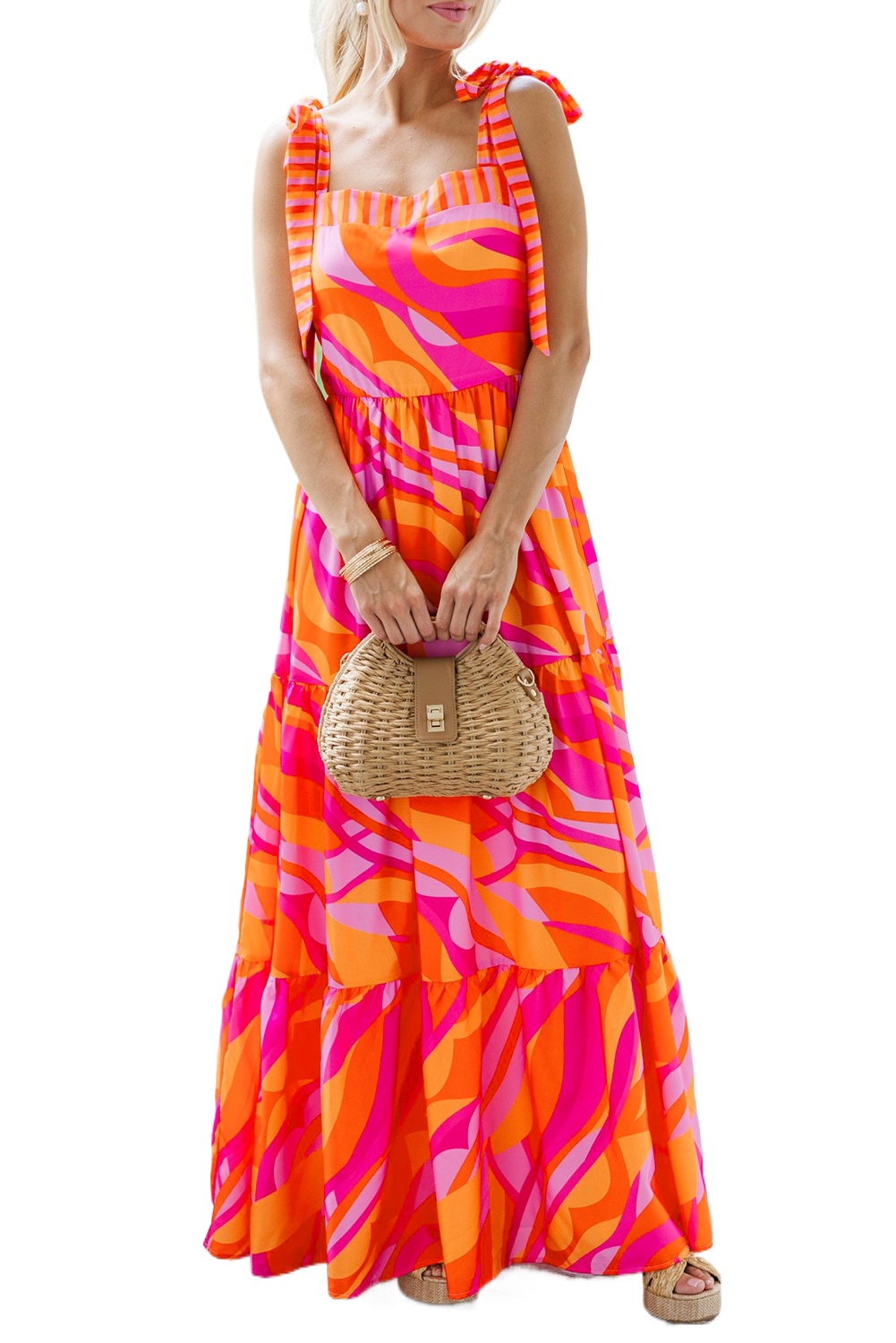 Women's Red Abstract Print Knotted Shoulder High Waist Maxi Dress for Vacation - Main View Women's Red Abstract Print Knotted Shoulder High Waist Maxi Dress for Vacation - Main View