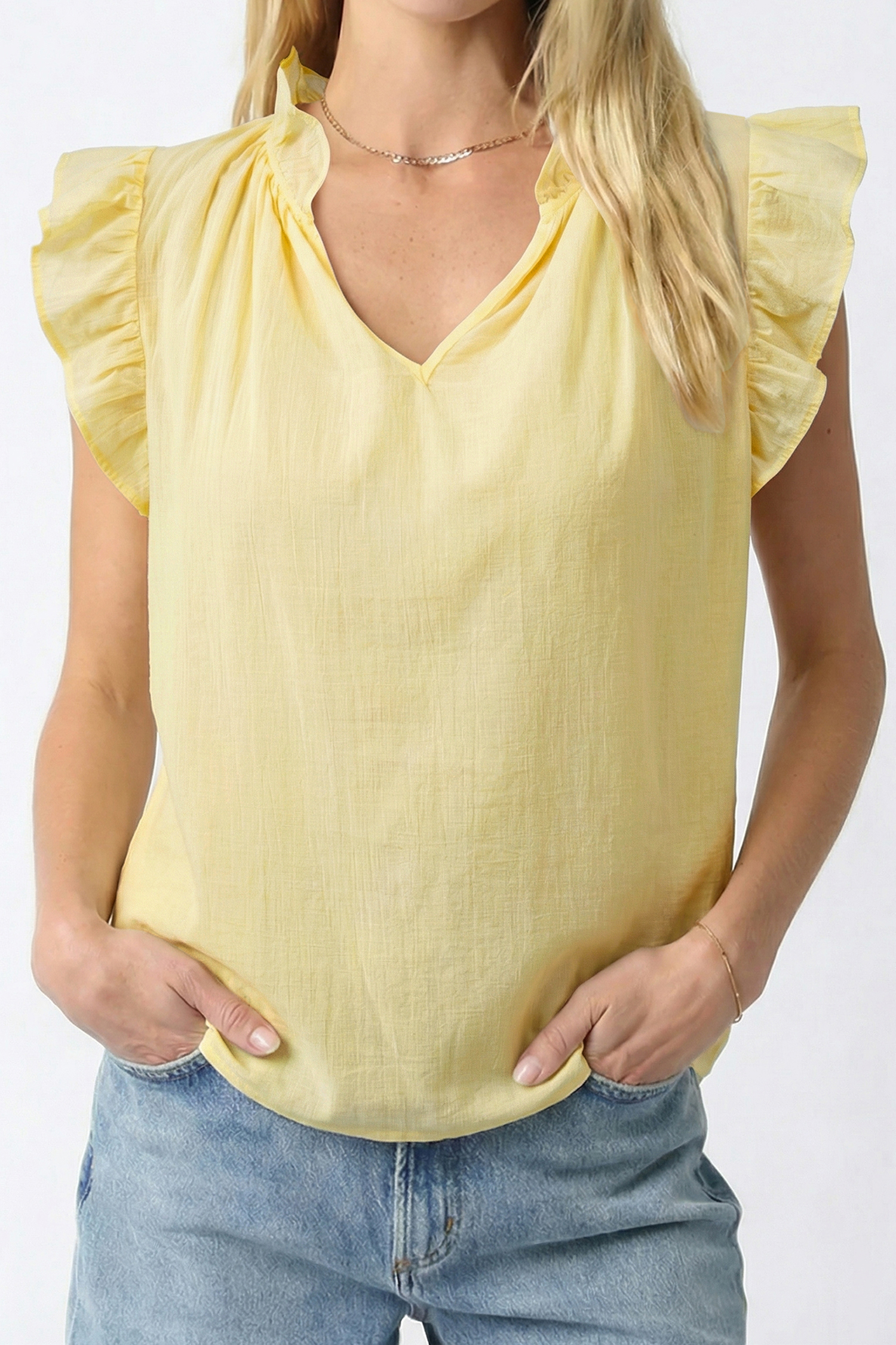 Sleeveless Ruffle Shift Top – Casual Vanilla Yellow V Neck - Detail View 2 Sleeveless Ruffle Shift Top – Casual Vanilla Yellow V Neck - Detail View 2