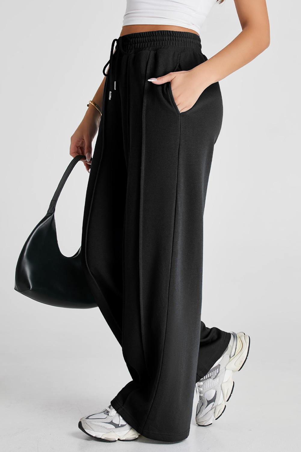 Fall-Ready Women's Black Wide Leg High Waist Sweatpants - Detail View 3 Fall-Ready Women's Black Wide Leg High Waist Sweatpants - Detail View 3