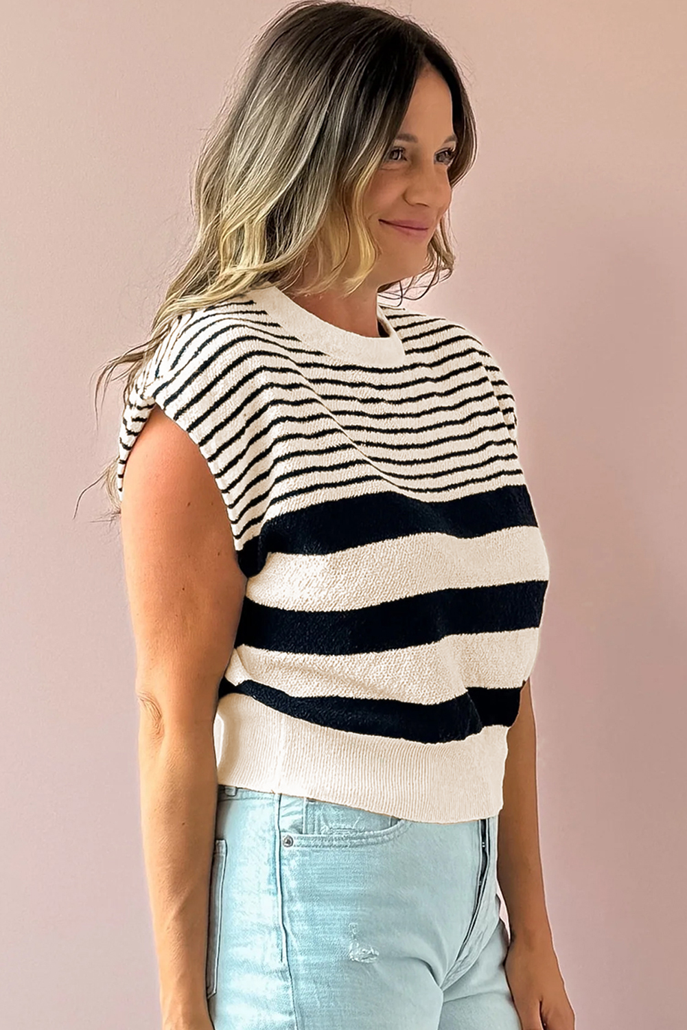 Stylish and Comfortable Black White Striped Sweater Vest for Daily Wear - Detail View 3 Stylish and Comfortable Black White Striped Sweater Vest for Daily Wear - Detail View 3