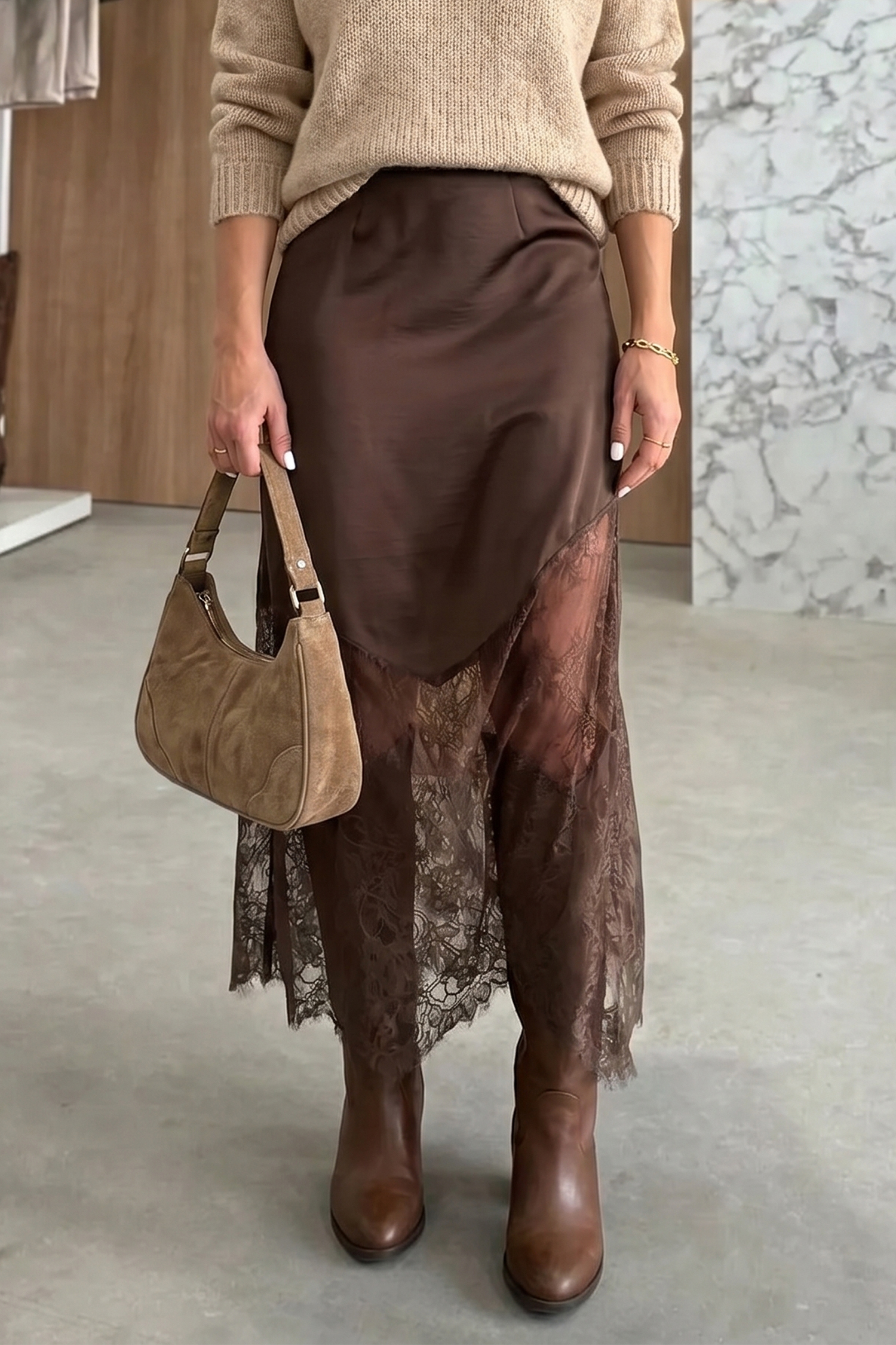 Elegant Lace Trim Satin Skirt, High Waist Long Fall Bottom - Detail View 2 Elegant Lace Trim Satin Skirt, High Waist Long Fall Bottom - Detail View 2