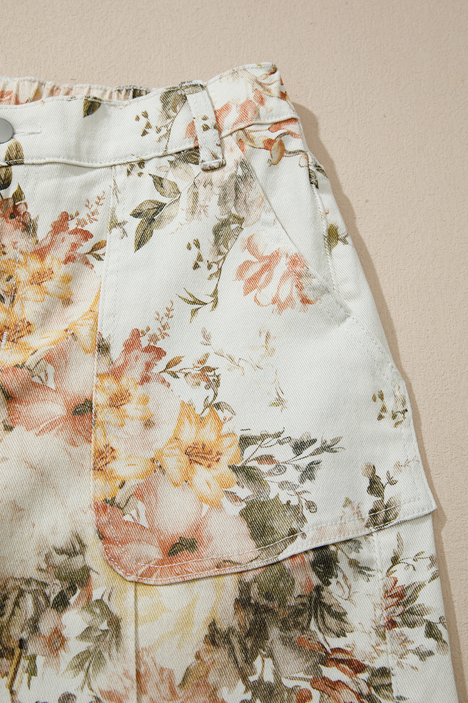 Chic Southern Belle Floral Wide Leg Denim for Women – High Waisted Beige Vintage Style Jeans, All Over Print - Detail View 14 Chic Southern Belle Floral Wide Leg Denim for Women – High Waisted Beige Vintage Style Jeans, All Over Print - Detail View 14