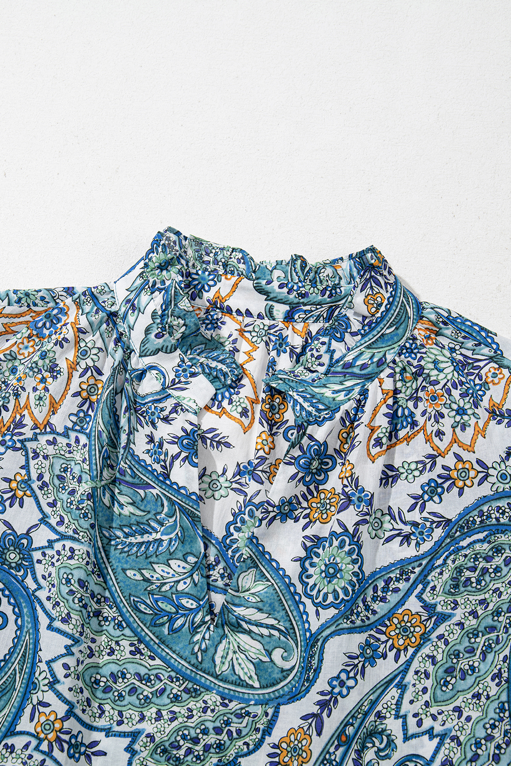 Women's Dress, Blue Mini Dress, Bohemian Style, Paisley Floral Print, V Neck, Short Sleeve, Casual Dress, Summer Fashion, Flowy Silhouette, A-Line, Ruffle Details, Daily Wear, Boho Chic - Detail View 8 Women's Dress, Blue Mini Dress, Bohemian Style, Paisley Floral Print, V Neck, Short Sleeve, Casual Dress, Summer Fashion, Flowy Silhouette, A-Line, Ruffle Details, Daily Wear, Boho Chic - Detail View 8