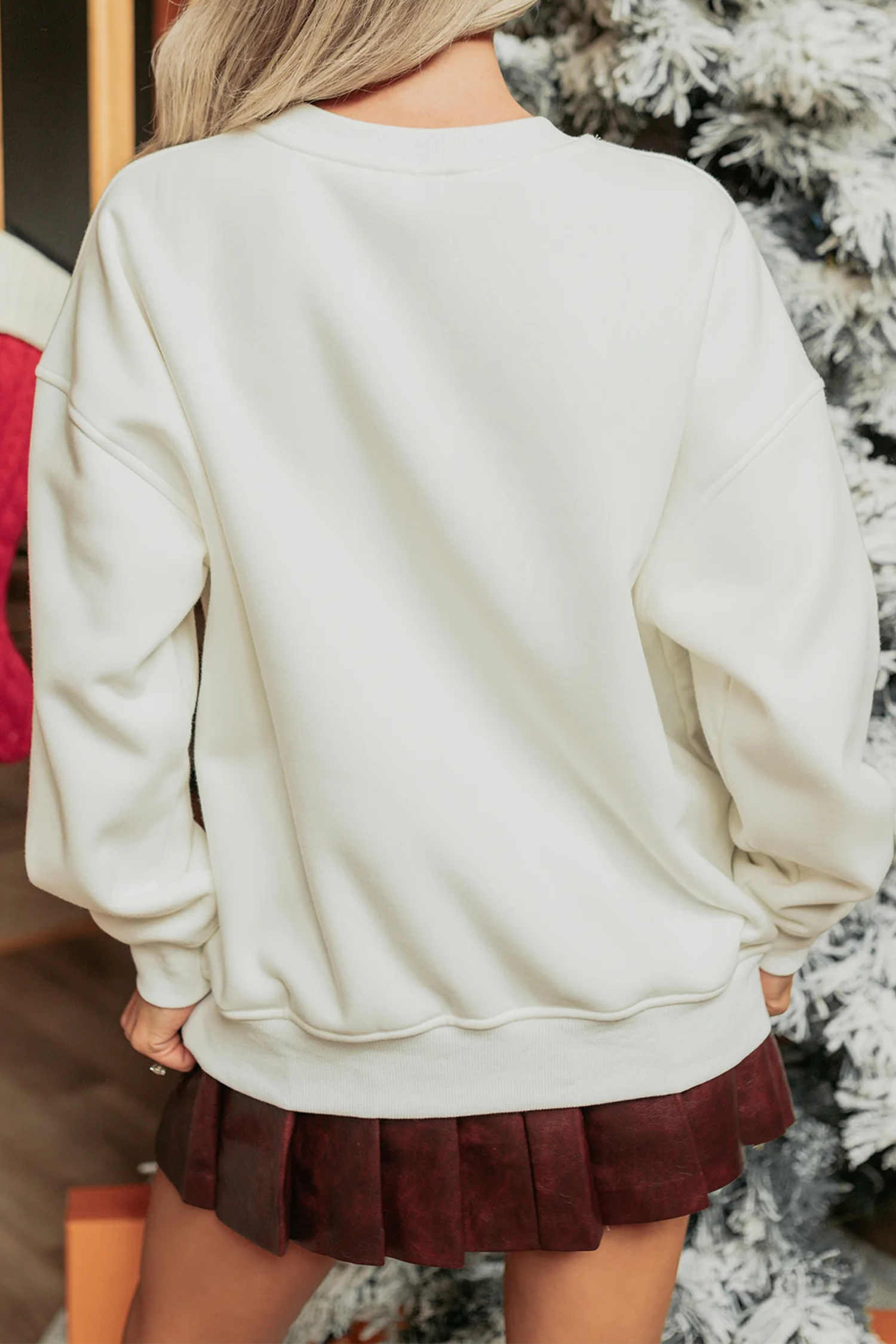 Casual White Christmas Tree Ribbon Sweatshirt for Women – Long Sleeve Comfort - Detail View 2 Casual White Christmas Tree Ribbon Sweatshirt for Women – Long Sleeve Comfort - Detail View 2