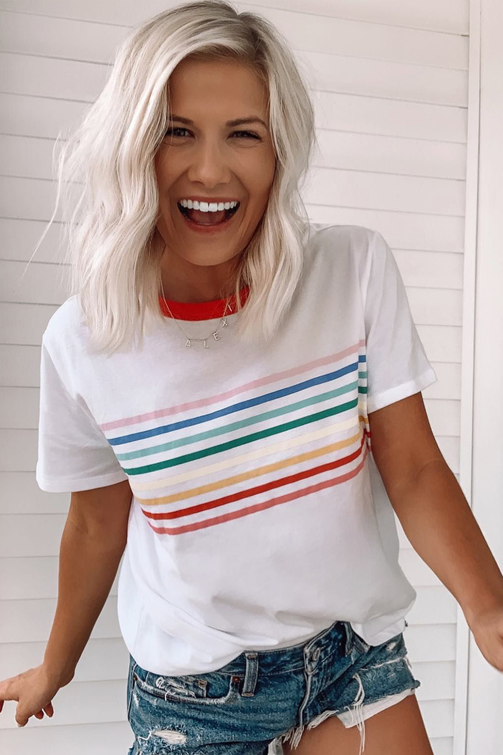 Women's T-Shirt, White Crewneck, Rainbow Stripe Print, Casual Style, Summer Top, Comfortable Fit, Colorblock Effect, Soft Fabric, Short Sleeve, Daily Wear, Stylish Tee, Tops & Tees - Detail View 4 Women's T-Shirt, White Crewneck, Rainbow Stripe Print, Casual Style, Summer Top, Comfortable Fit, Colorblock Effect, Soft Fabric, Short Sleeve, Daily Wear, Stylish Tee, Tops & Tees - Detail View 4
