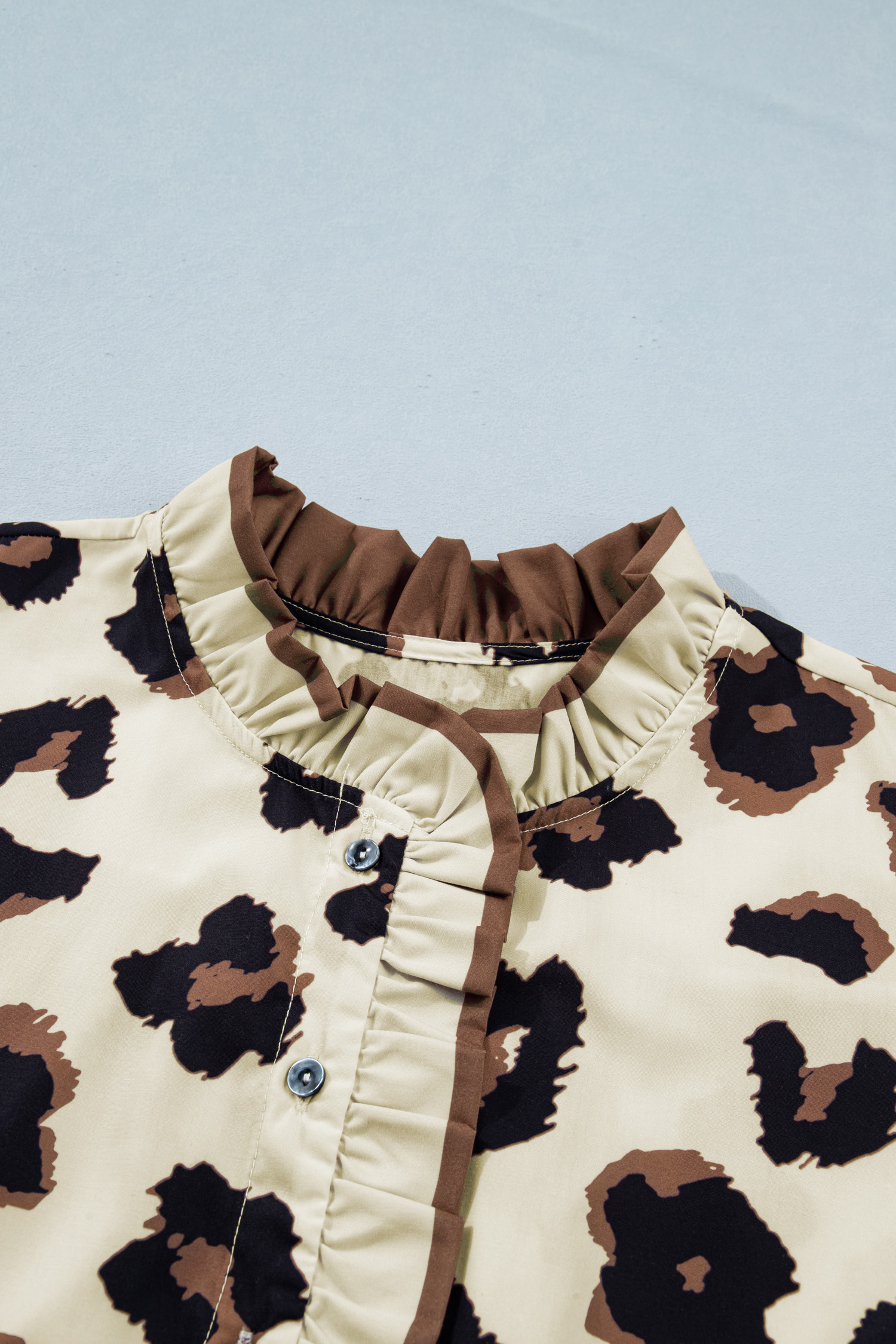 Khaki Leopard Print Women's Blouse – Short Sleeve V Neck Colorblock Shirt for Daily Wear - Detail View 5 Khaki Leopard Print Women's Blouse – Short Sleeve V Neck Colorblock Shirt for Daily Wear - Detail View 5