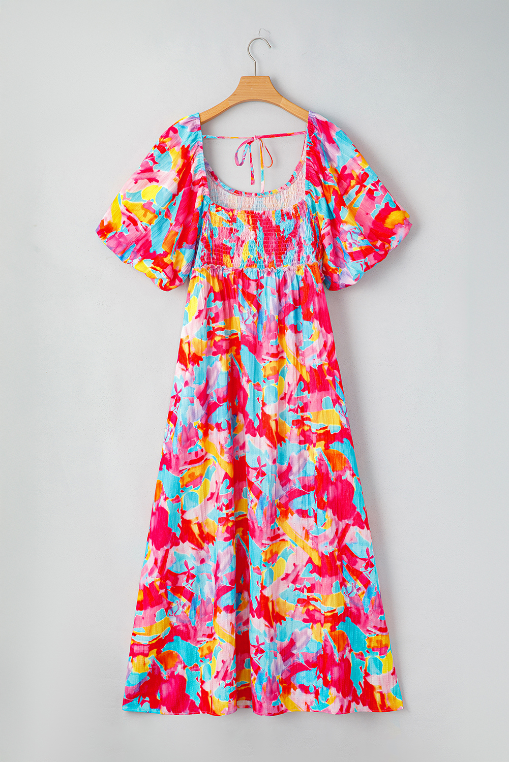 Women's Abstract Print Maxi Dress, Smocked Bust Puff Sleeve - Detail View 7 Women's Abstract Print Maxi Dress, Smocked Bust Puff Sleeve - Detail View 7