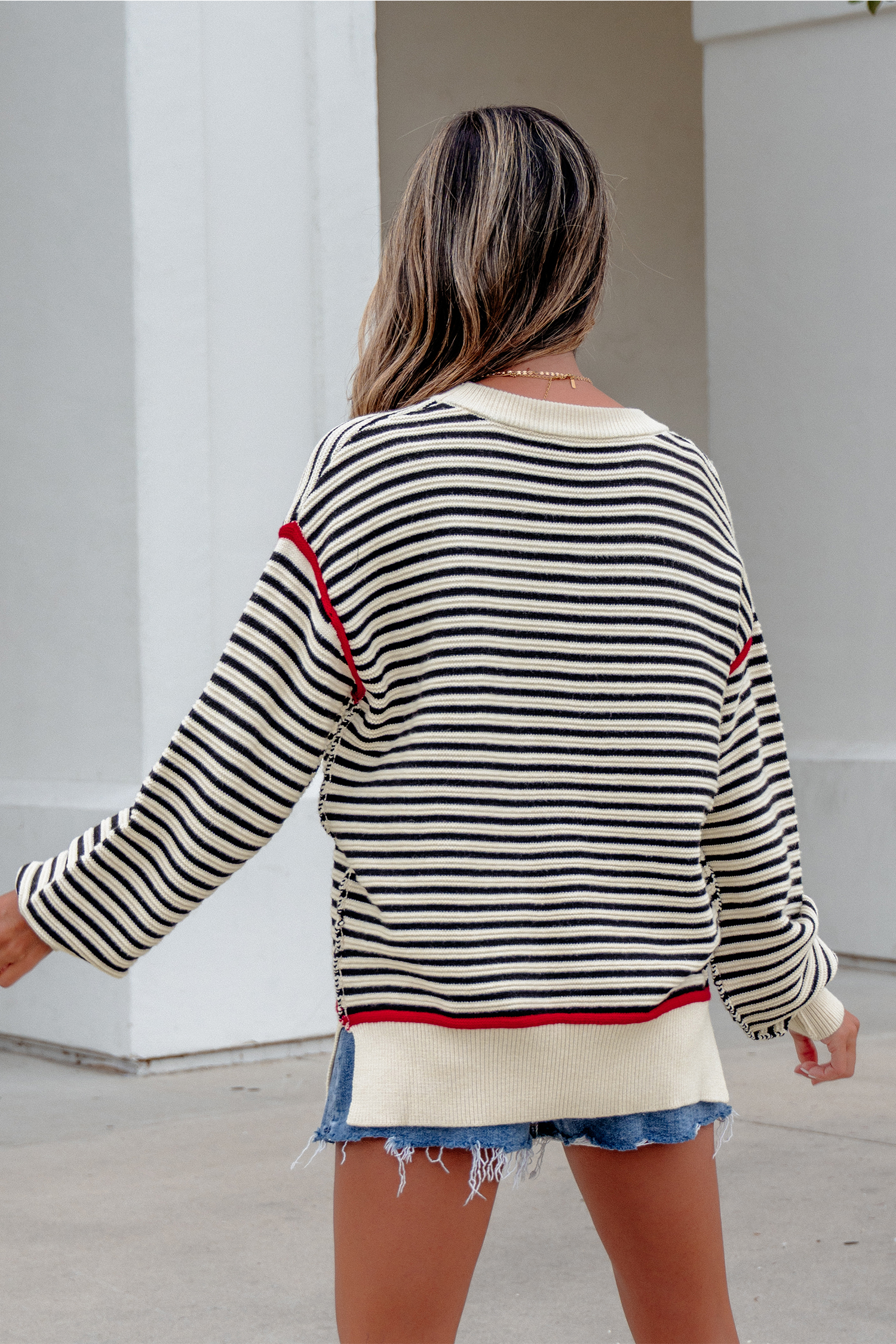 Soft Striped Crewneck Pullover, Relaxed Drop Shoulder Top - Detail View 2 Soft Striped Crewneck Pullover, Relaxed Drop Shoulder Top - Detail View 2