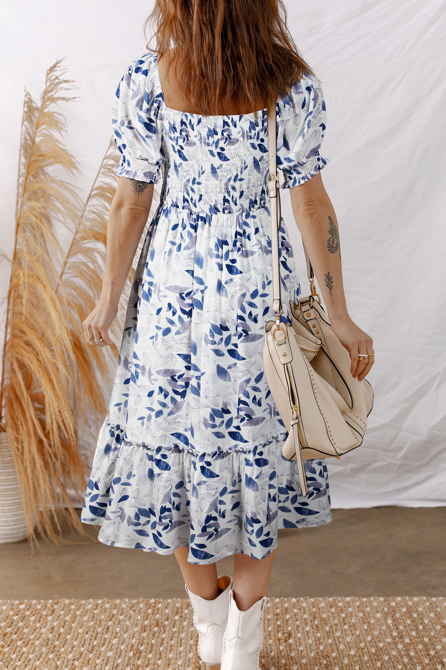 Chic Sky Blue Smocked Bodice Midi Dress for Women – Perfect for Vacation and Daily Wear - Detail View 5 Chic Sky Blue Smocked Bodice Midi Dress for Women – Perfect for Vacation and Daily Wear - Detail View 5